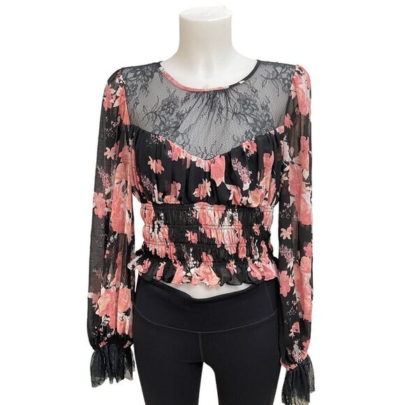 Free People Tops - FREE PEOPLE Daphne Blouse Midnight Combo, Lace Smocked Longsleeve sz medium New!